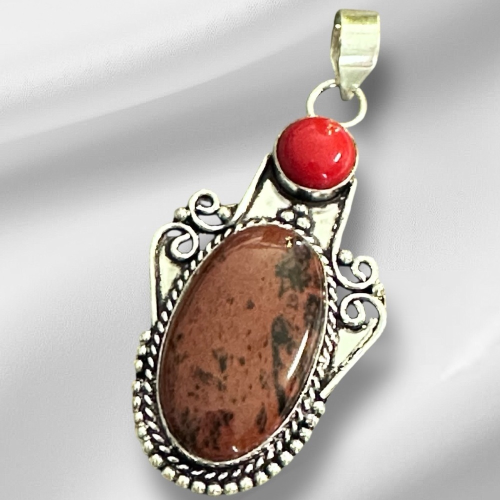 Hand Crafted Artisan Jewelry Mahogany Obsidian Brown & Red Coral Pendant